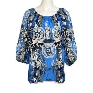 Ali Miles Peasant Top Womens Size XL Blue White Embroidered Loose Fit Boho Tunic